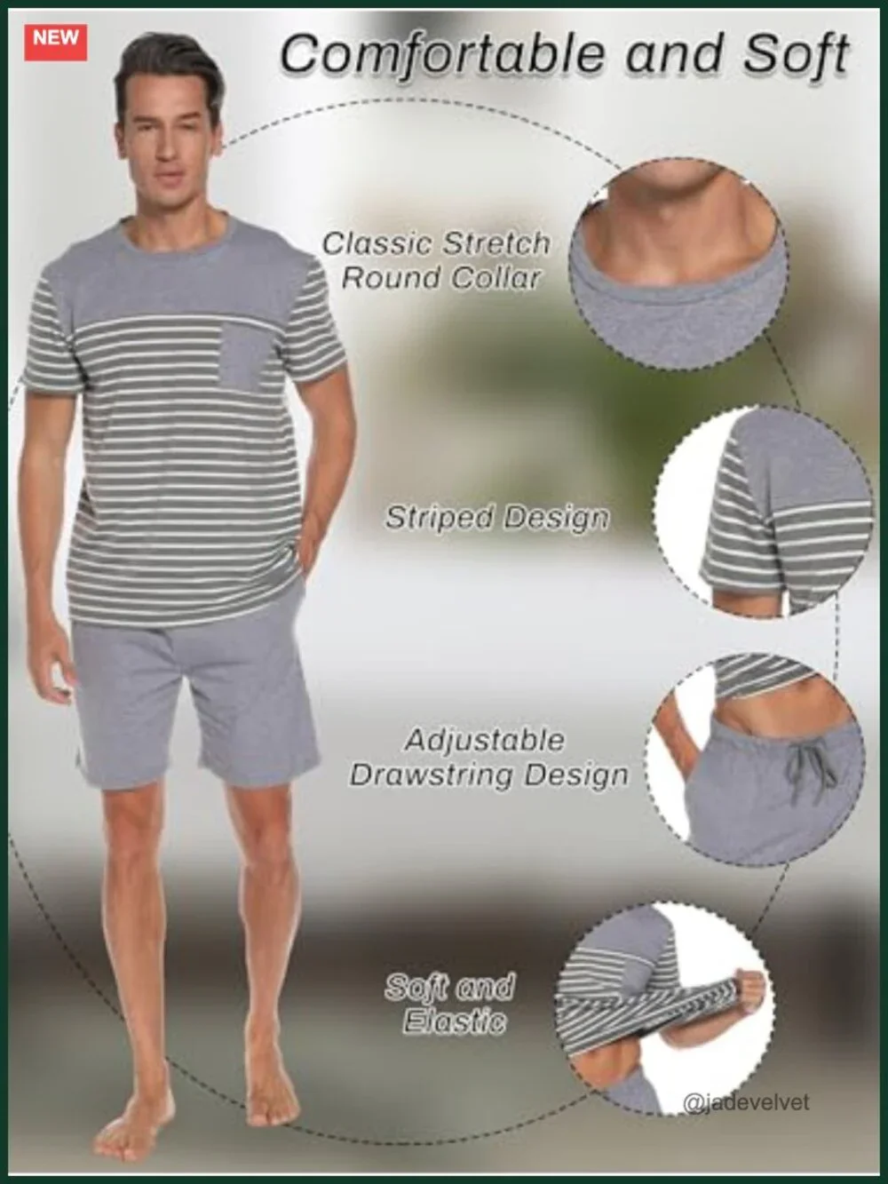 Men's Cotton Pajama Set Short Sleeve Shorts Striped Sleepwear Lounge Set with